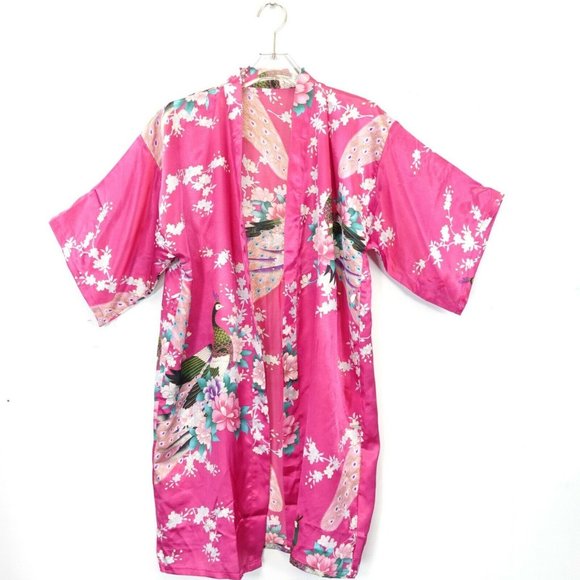 Other - Women Kimono Night Gown 14 Large  Pink Multi Loose Peacock Floral Short Sleeve